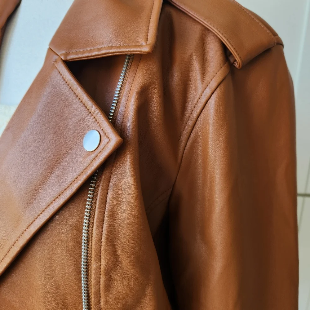 Soft Comfy Faux Leather Moto Jacket Fall Lightweight Zippers Snaps Cute Medium - Picture 5 of 17